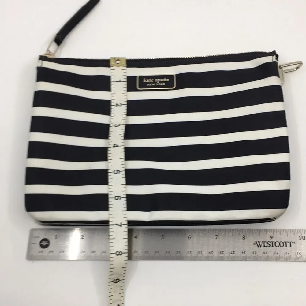 Kate Spade New York Black White Library Stripe Triple Gusset Clutch Makeup Pouch